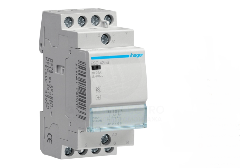 Контактор модульный бесшумный Hager ESC425S 25А 230V AC 4НВ (32201375)