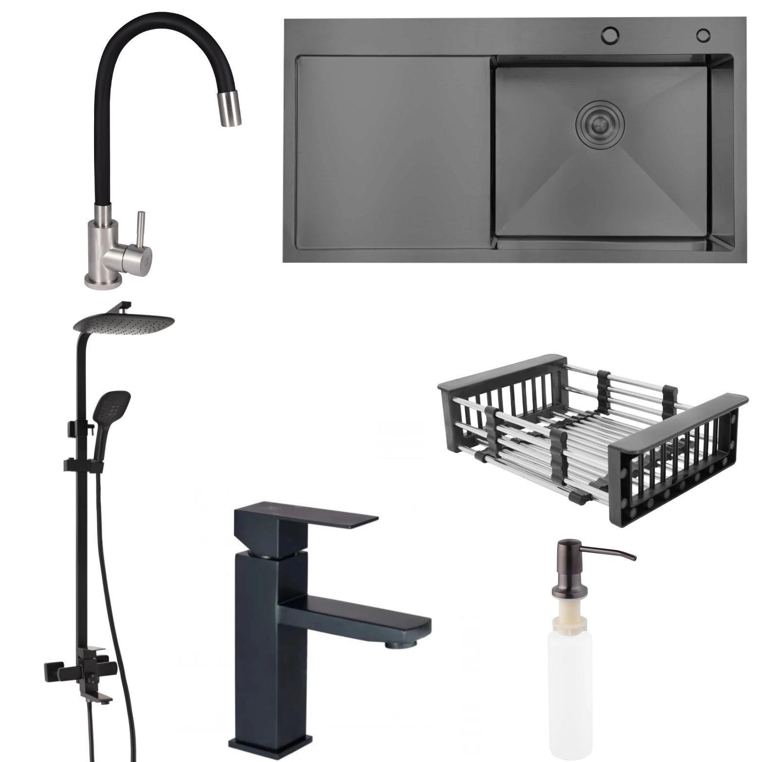 Набор для ванной и кухни №3/Lidz Handmade 7849BL/душевая система Kubis/смеситель Aria 015F3 с гибким изливом/смеситель Kubis