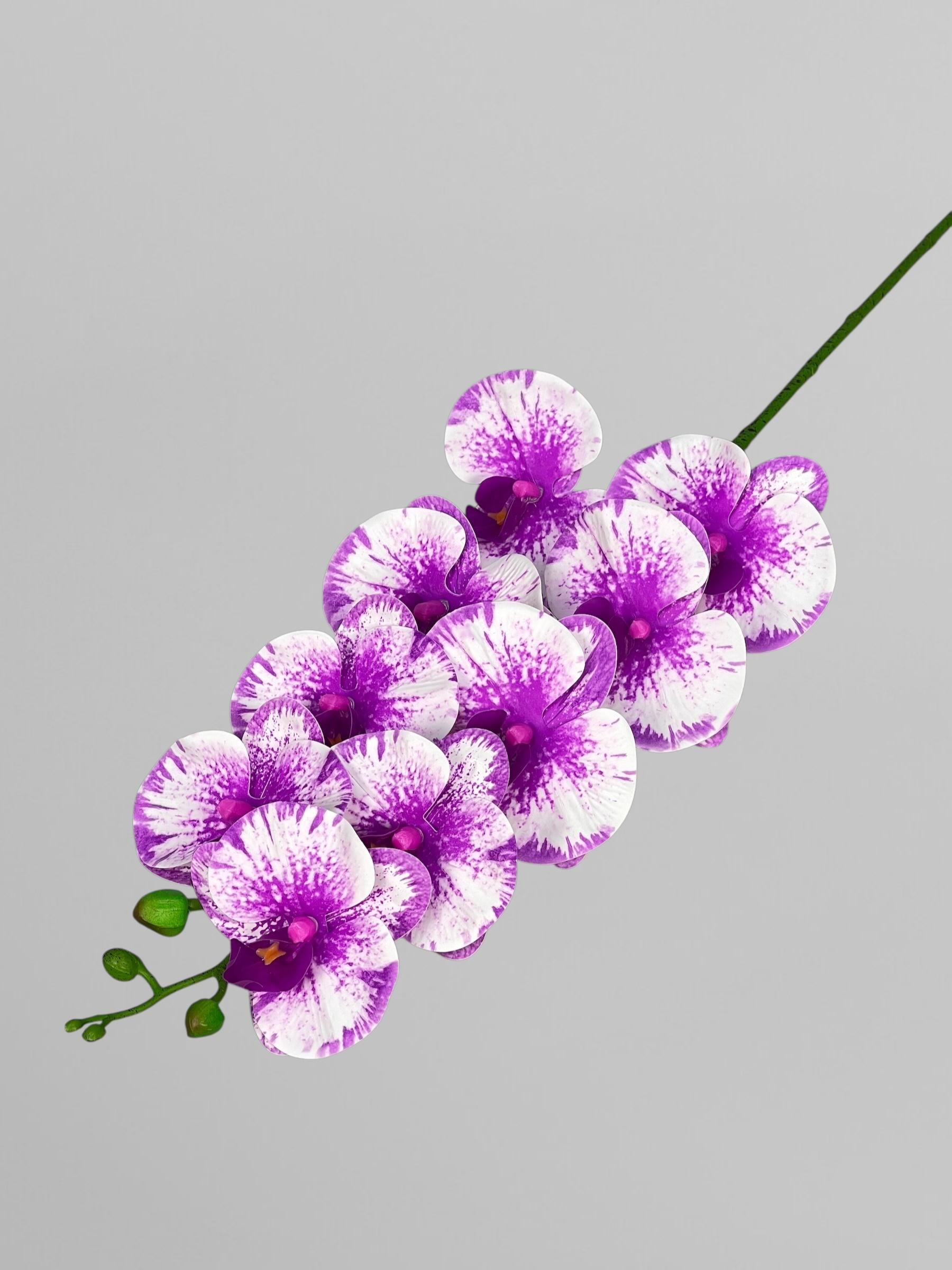 Искусственная орхидея Фаленопсис латексная на 9 соцветий 96 см Белый с фуксионным принтом (К01133)