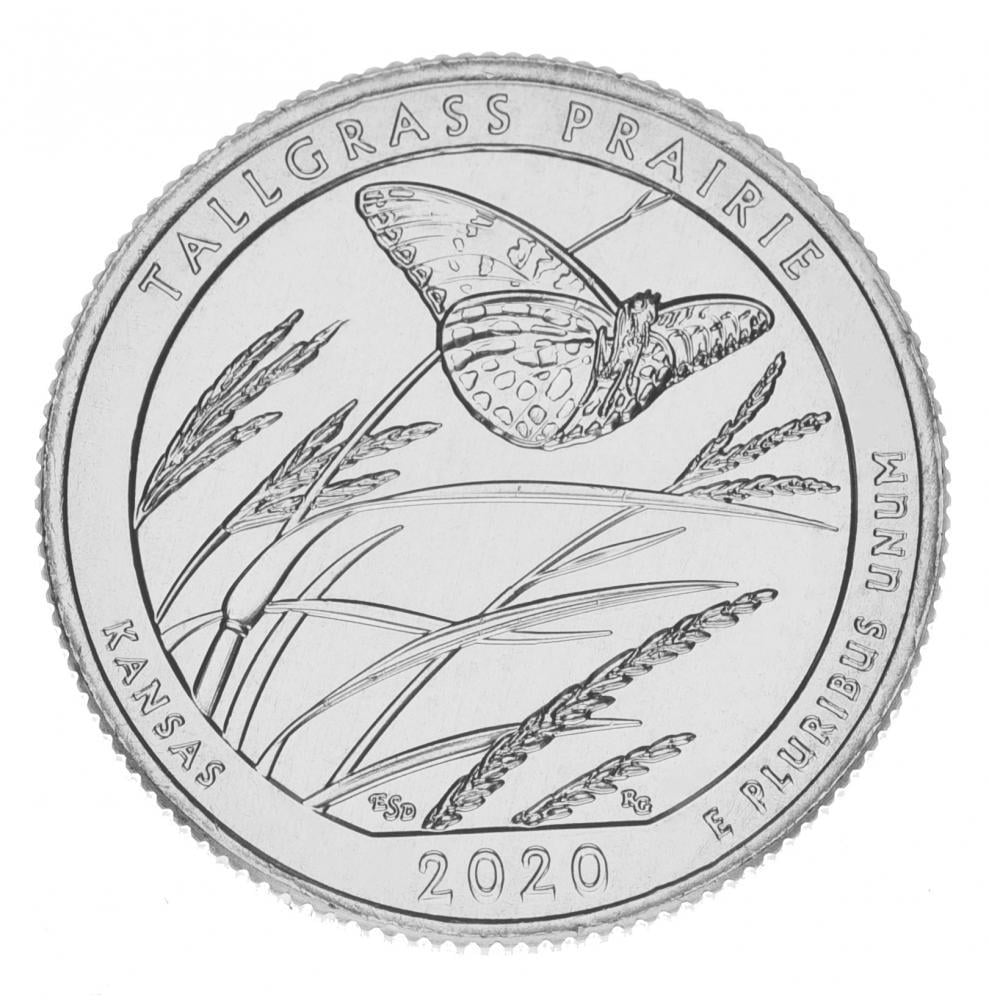 Коллекционная монета США 25 центов квотер 2020 S UNC 55-й парк Национальный заказник Таллграсс Прейри Бабочка