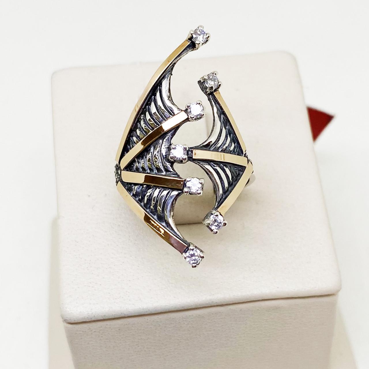 Кольцо серебряное Паутинка с кубическим цирконием и золотыми пластинами р. 18 3,66 г (1839235096)