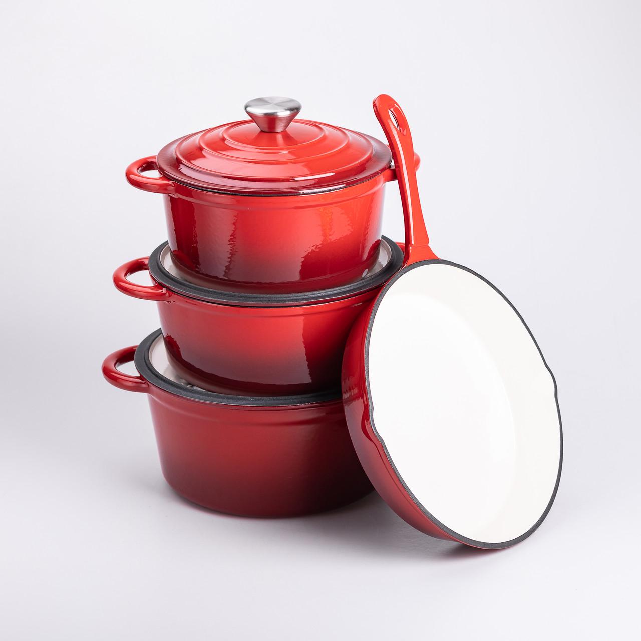 Набор чугунной посуды с эмалированным покрытием сковорода/3 кастрюли Красный (6816) - фото 1 Набор чугунной посуды с эмалированным покрытием сковорода/3 кастрюли Красный (6816) - фото 1