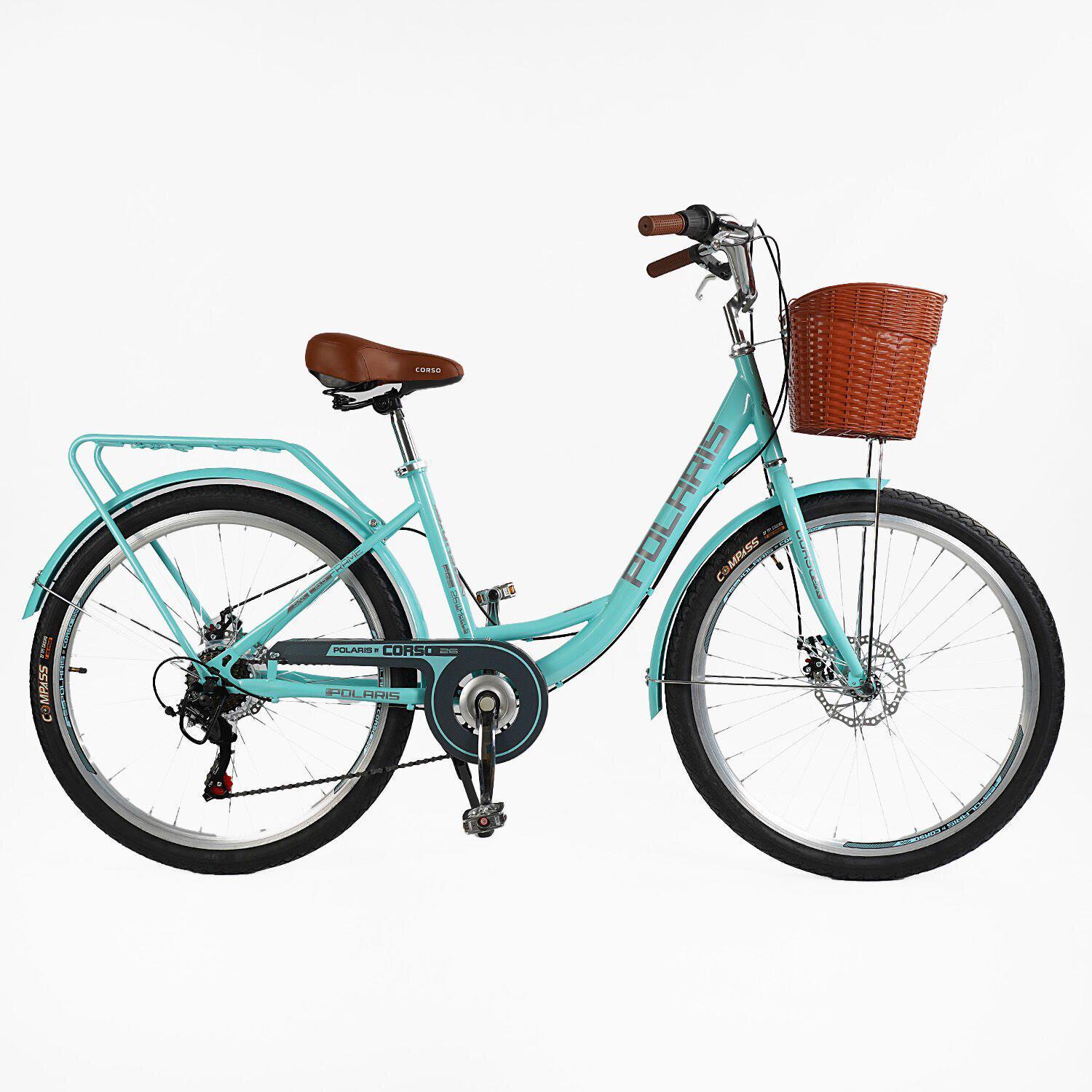 Велосипед міський Corso Polaris з кошиком та багажником рама 16,5"/26" Бірюзовий - фото 1 Велосипед міський Corso Polaris з кошиком та багажником рама 16,5"/26" Бірюзовий - фото 1