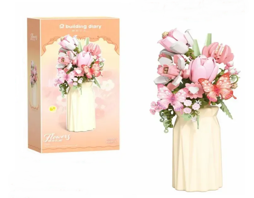 Конструктор детский блоковый Цветы с бабочками в вазе 398 детали Розовый (866065)