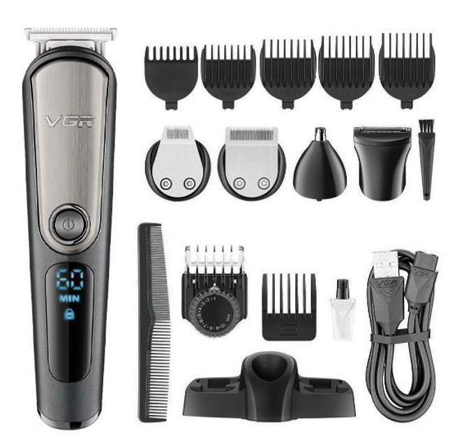 Тример акумуляторний VGR V-105 5в1 для чоловіків USB LED з комплектом насадок (ML-04770)