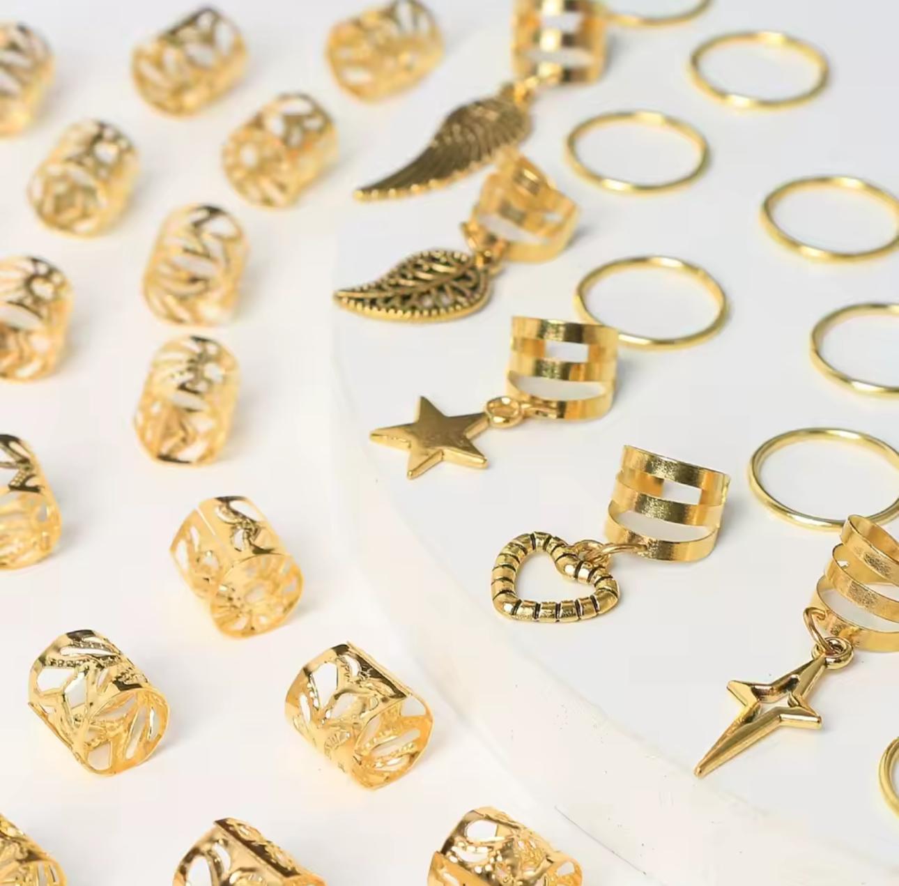 Набор золотистых украшений для кос и дредов кольца и бусины для волос 45 шт. - фото 3