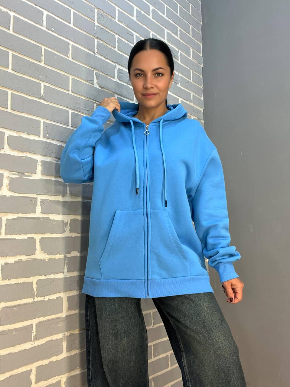 Толстовка жіноча QUZEN 482 подовжена на блискавці капюшон базова фліс утеплена OS Блакитний (993) - фото 2