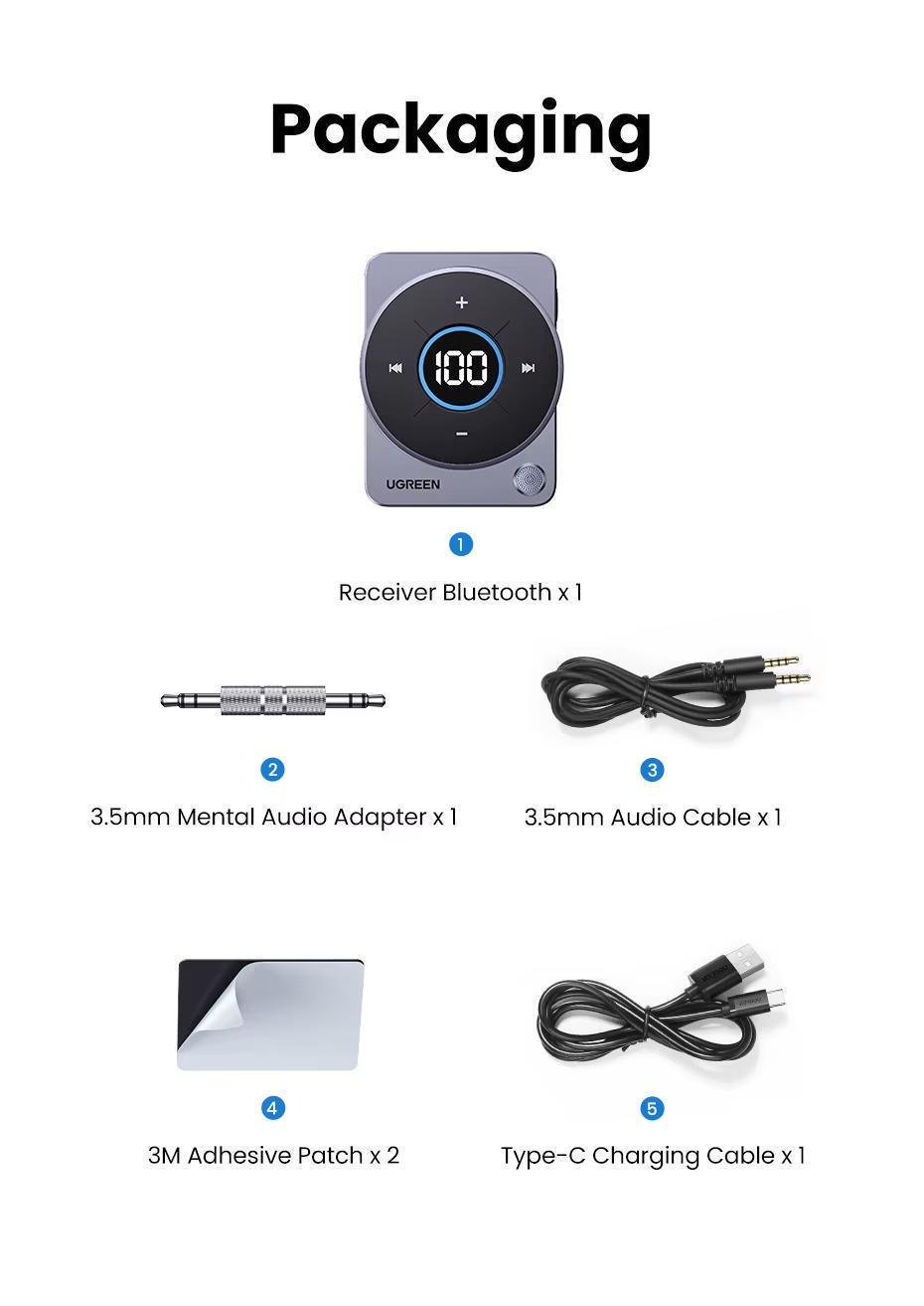 Адаптер UGREEN Bluetooth 5.4 AUX 3,5 мм 300 мАг 20 год Чорний (35003) - фото 8 Адаптер UGREEN Bluetooth 5.4 AUX 3,5 мм 300 мАг 20 год Чорний (35003) - фото 8