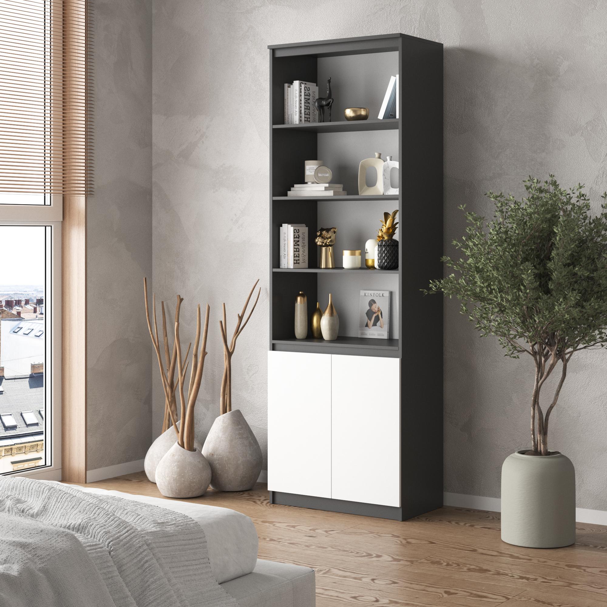 Стеллаж для книг на 2 двери R-29 с фасадами без ручек Антрацитовый/Белый