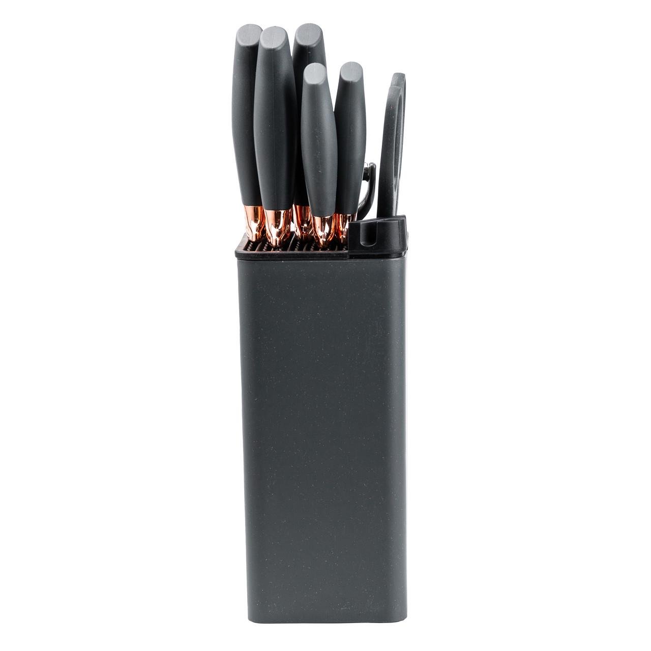 Набор кухонных ножей с ножницами и овощечисткой на подставке 5 штук Черный - фото 3