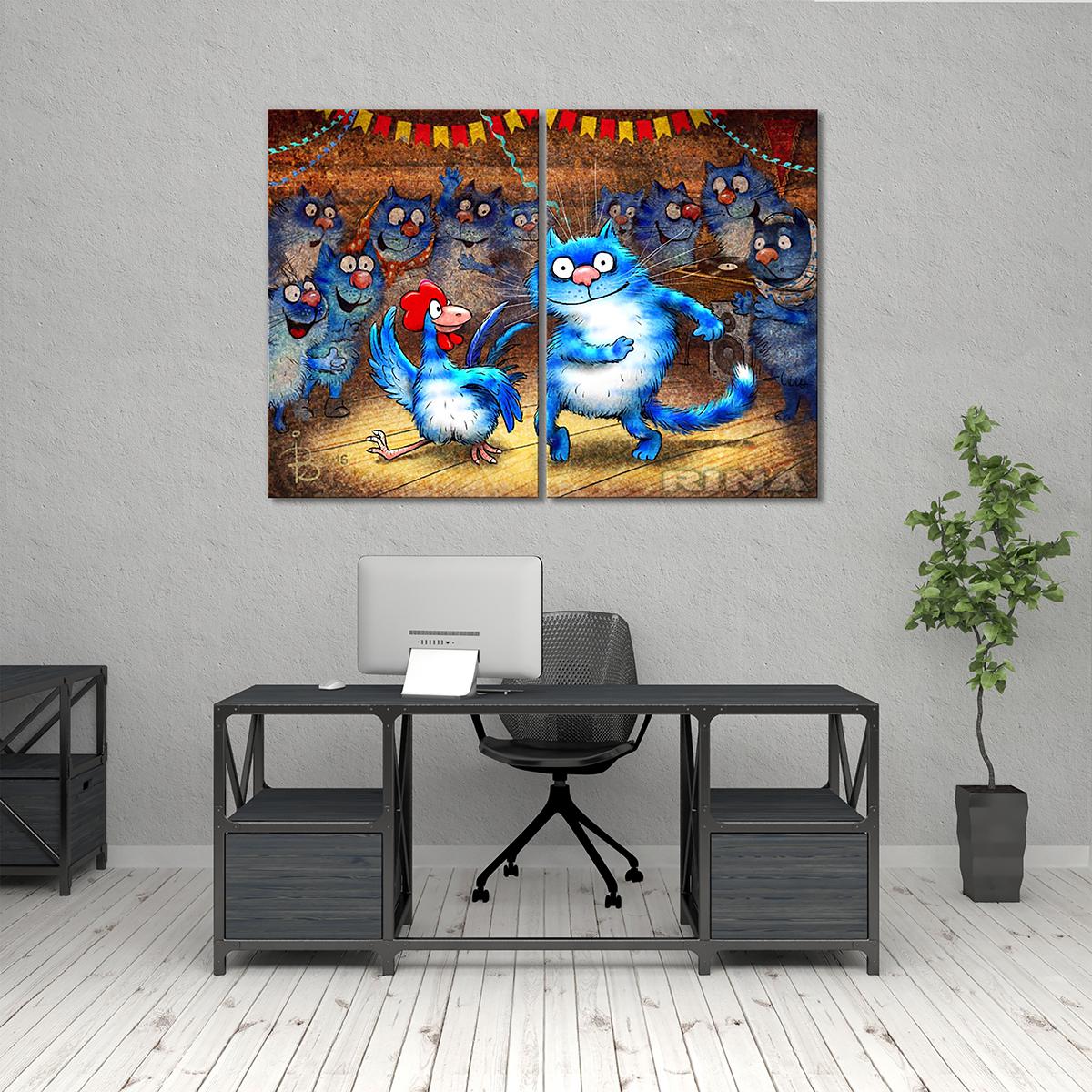 Модульная картина Кот и Петух зажигают в клубе 2 модуля 60x90 см