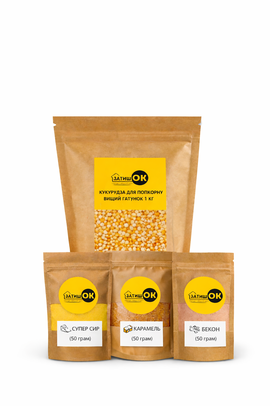 Набор для попкорна Малый ЗатишОК кукуруза 1 кг/3 приправы супер сыр/бекон/карамель по 50 г