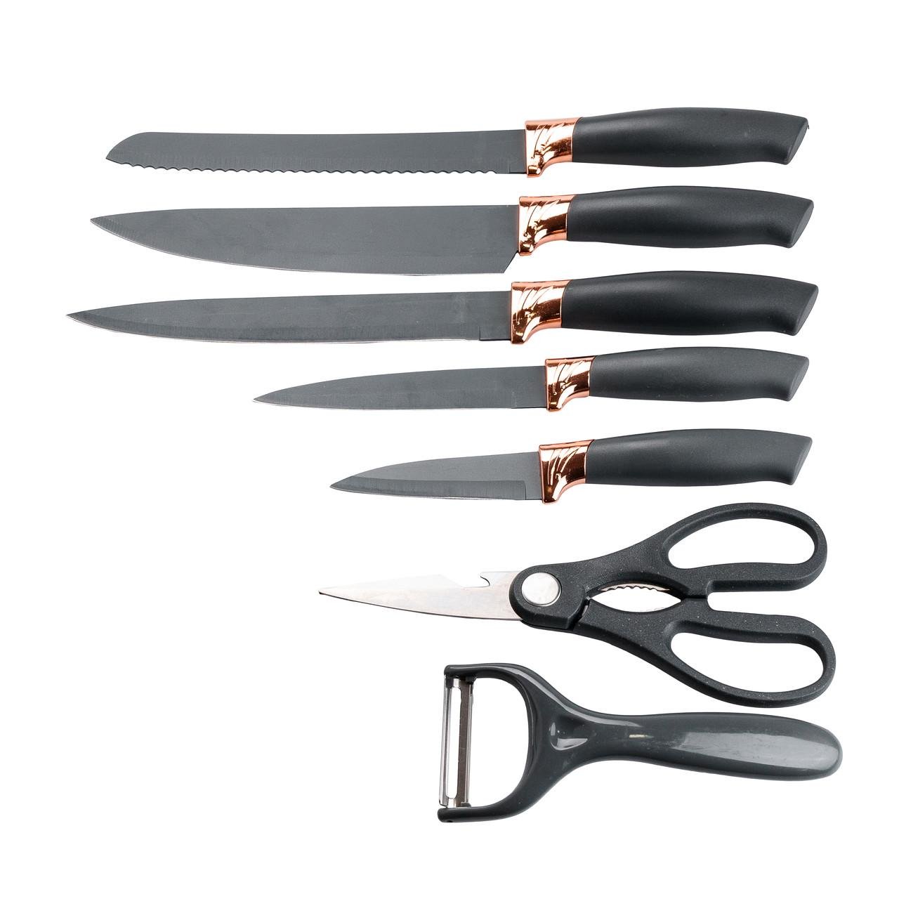 Набор кухонных ножей с ножницами и овощечисткой на подставке 5 штук Черный - фото 10