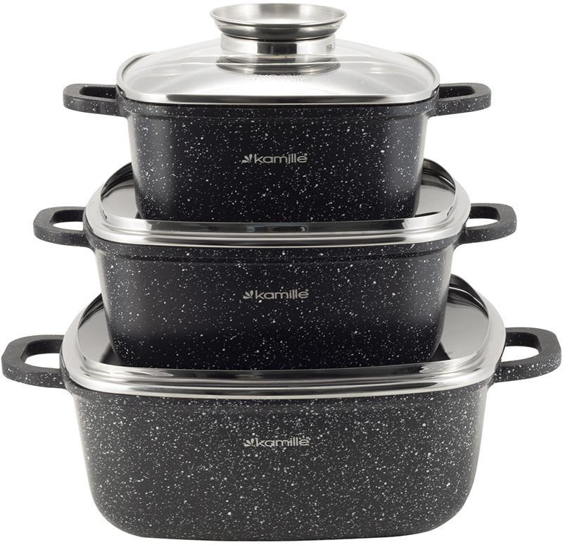 Набор посуды со стеклянными термостойкими крышками Kamille КМ-4435 из литого алюминия из 7-ти предметов Черный мрамор (150-84-4435)