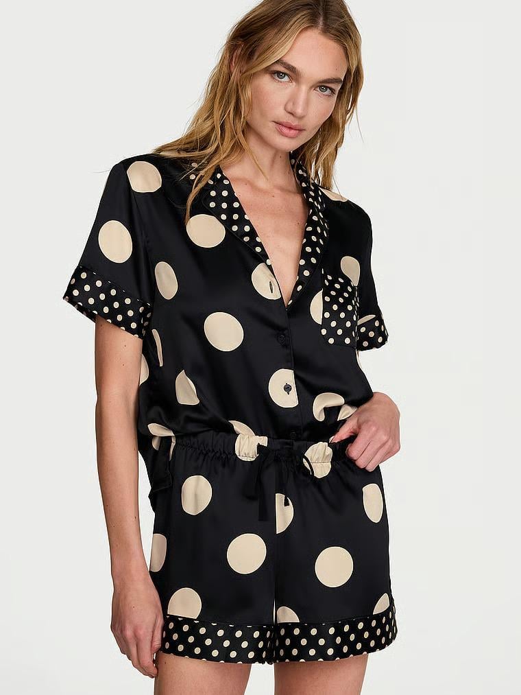 Пижама Victoria's Secret Signature Satin Short Pajama Set Black/Tan Dots M Черный (27303351)