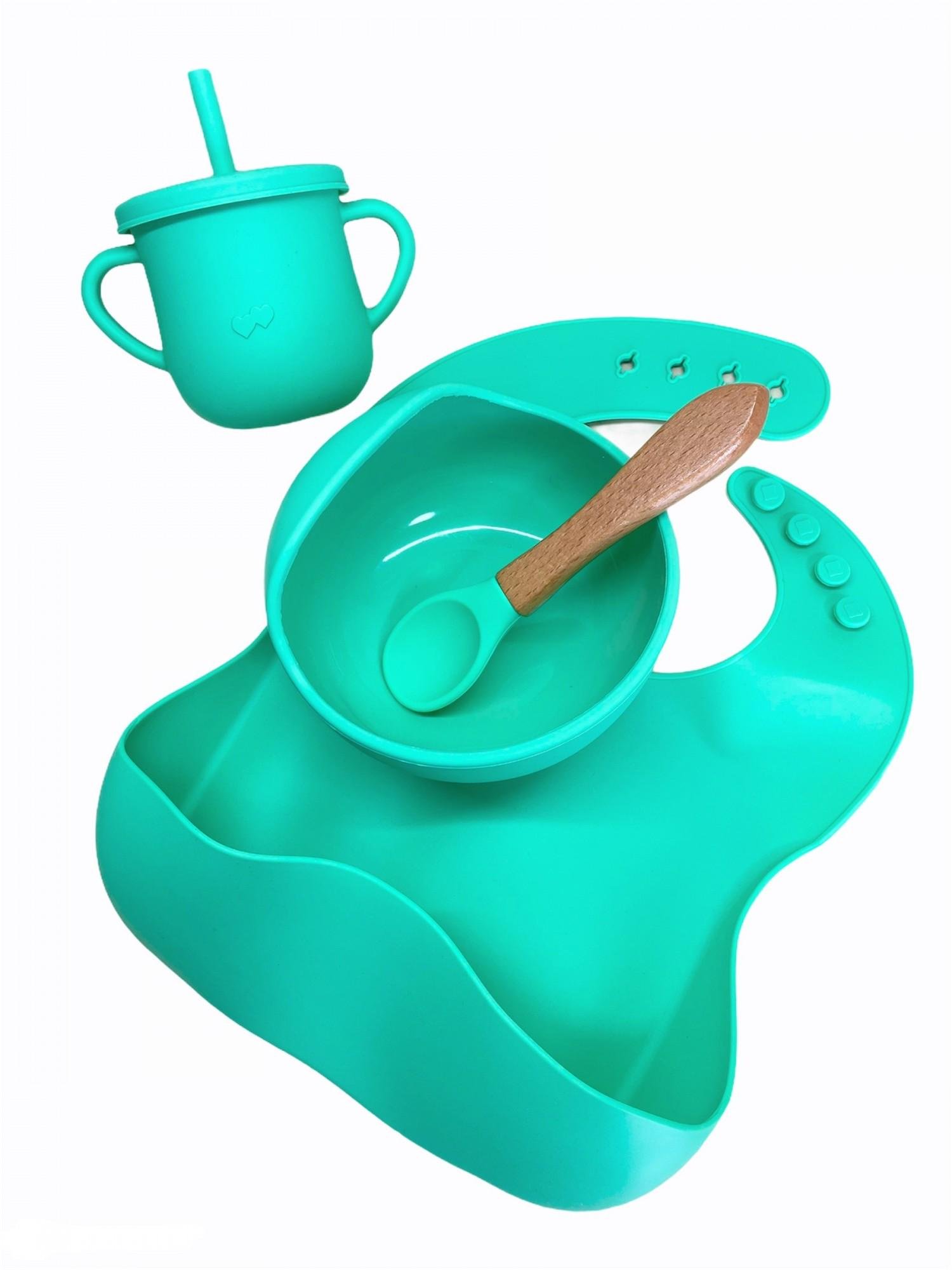 Набор детской силиконовой посуды с присоской тарелка/ложка/нагрудник/поильник Мятный (24043430)