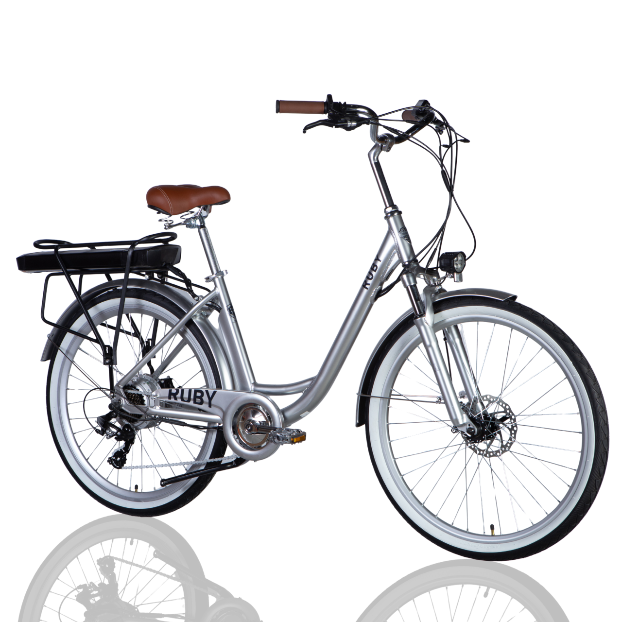 Велосипед з електроприводом AL Dorozhnik eRUBY DD FR 26" рама-17" 36B 12,5Ахч 500 Вт з амортизаційною вилкою та ліхтарем Сріблястий