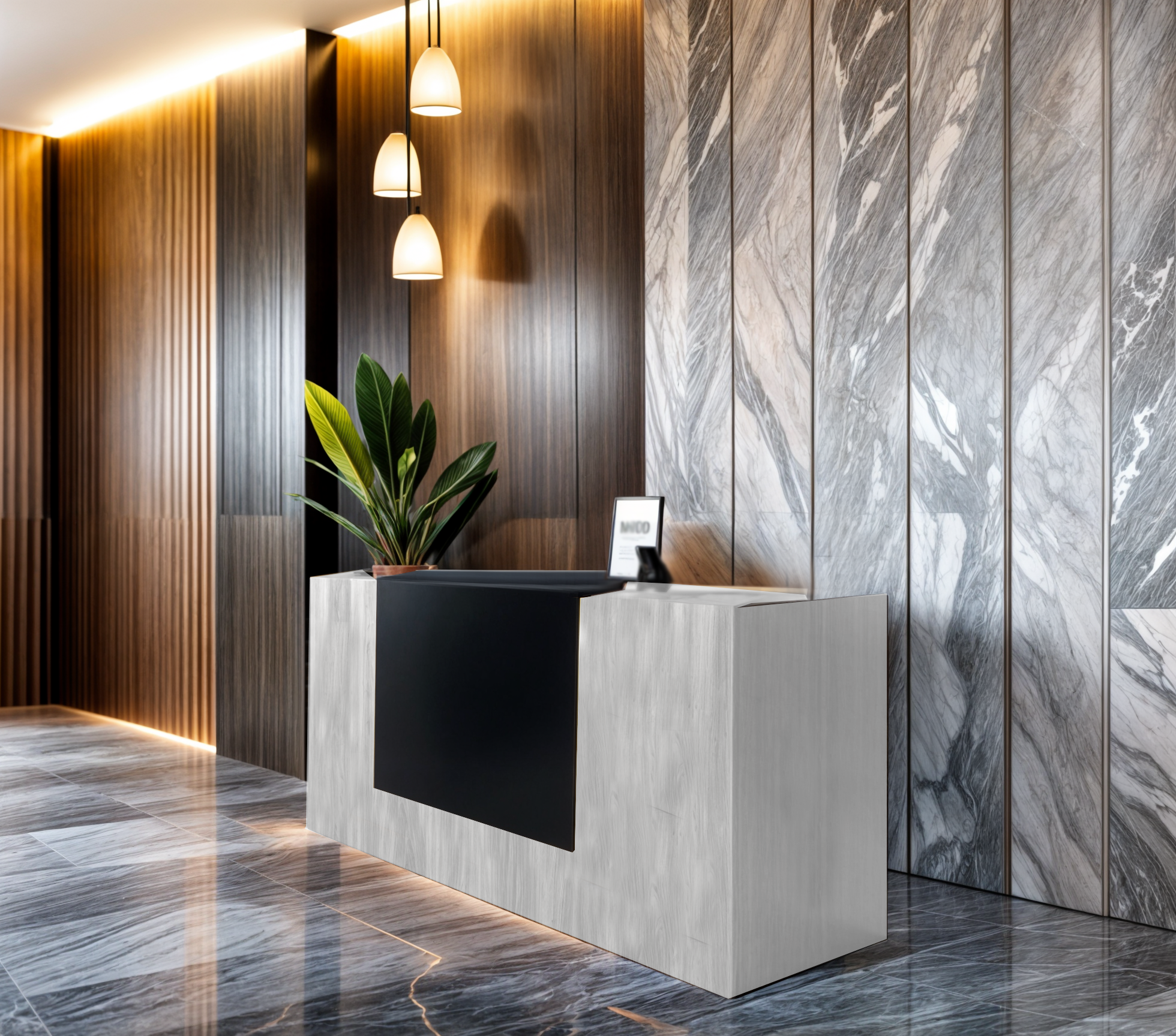 Стойка администратора Tobi Sho Ресепшн/1 для офиса/салона с подсветкой и ящиками/2000х800х1000 мм Дуб крафт белый/Черный - фото 2