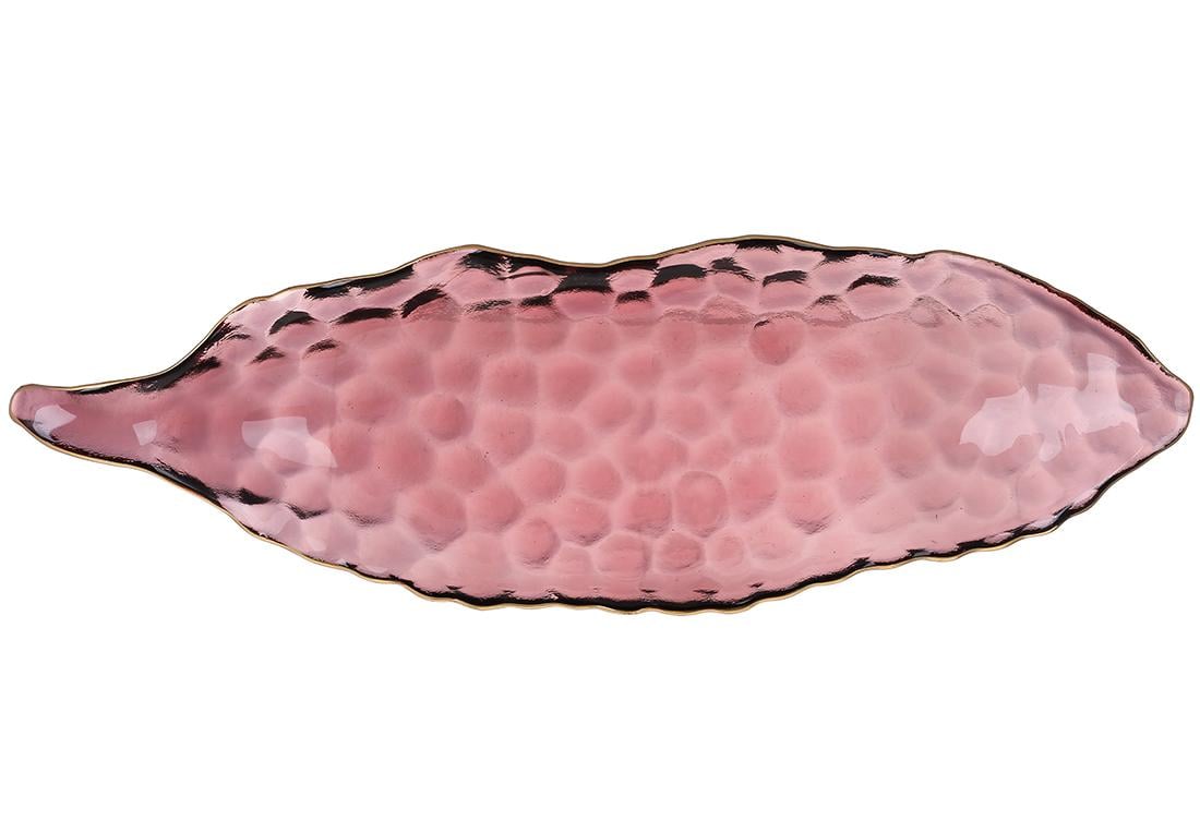 Блюдо стеклянное BonaSi Bauble в форме листа с золотым ободком 38,5х12х5 см Пурпурный (992-095)