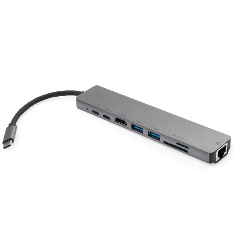 Концентратор Vinga Type-C to 4K HDMI/2хUSB 3,0/GigabitLAN/SD/2хPD Aluminium (VCPATC2U3CRLNHIPDGR)