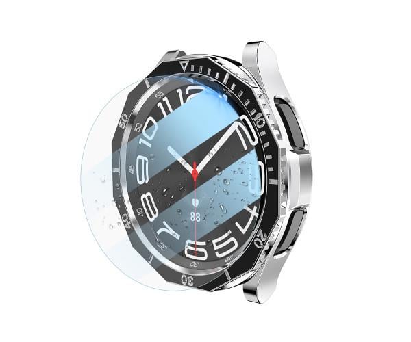 Чехол защитный с безелем и защитным стеклом для Samsung Galaxy Watch 6 Classic 47 мм Черный с серебряным