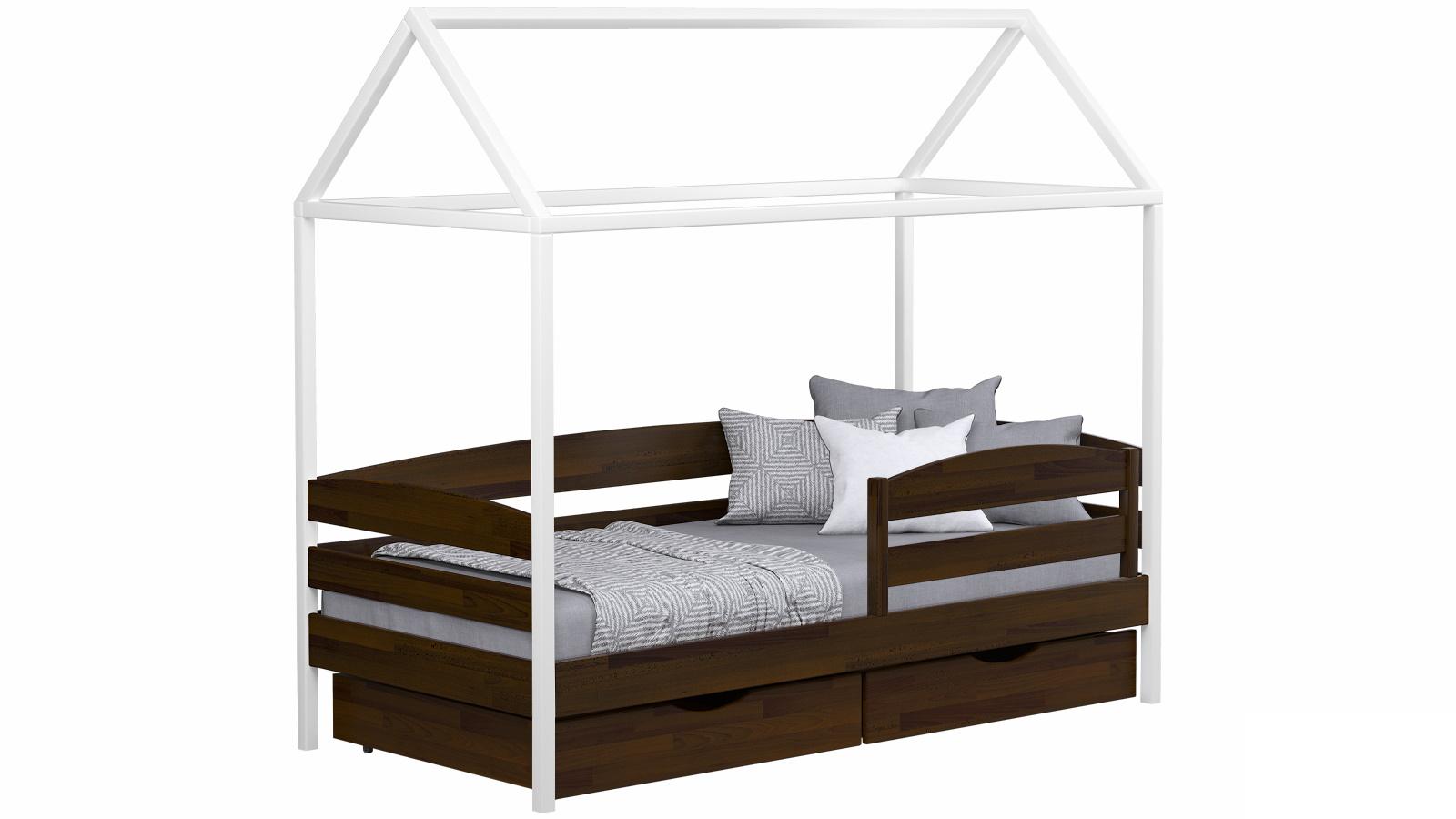 Кровать деревянная детская АММИ ПЛЮС с ящиками и защитным бортиком 200х90 см Белый/Темный орех