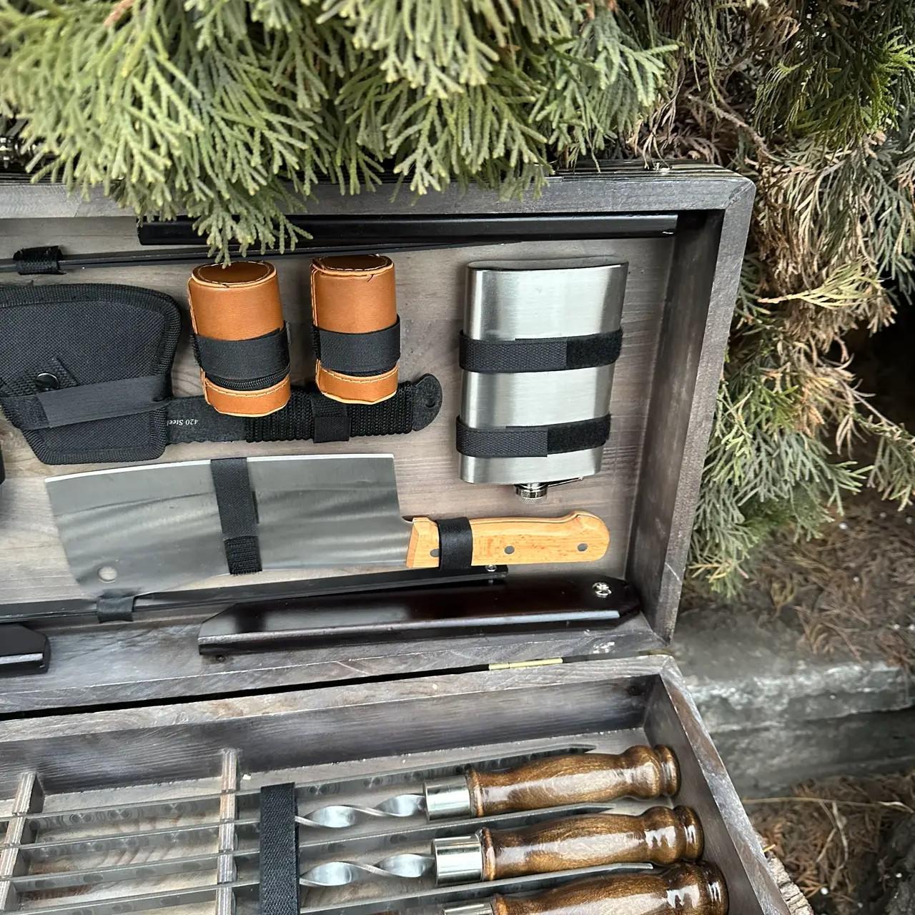 Подарунковий набір шампурів Mzavod Пікнік із нержавіючої сталі в дерев’яному кейсі-стілі 680x300x110 мм (136-17-1191510000860) - фото 5