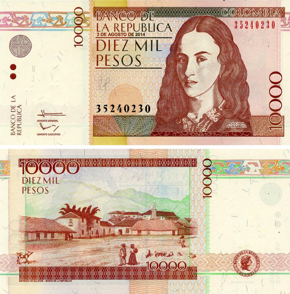 Коллекционная банкнота Колумбия 10000 песо 2014 UNC (P453)
