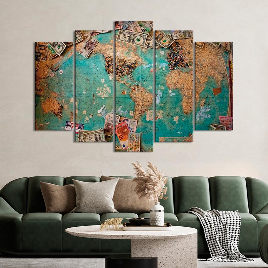 Картина карта Ретро карта мира и деньги 137x85 см (A1349-5) Картина карта Ретро карта мира и деньги 137x85 см (A1349-5)