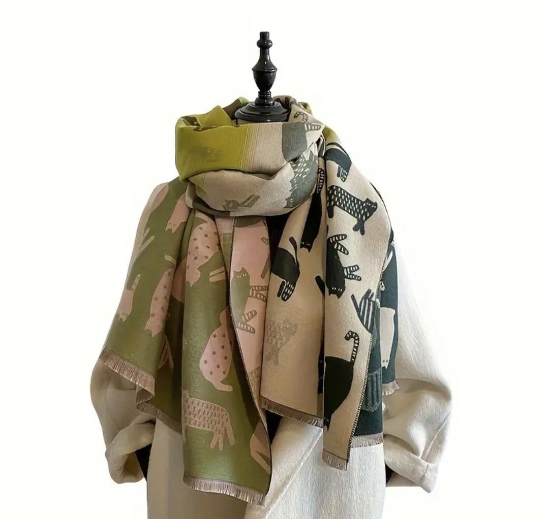 Шарф жіночий двосторонній Смішні котики Зелений (00067)