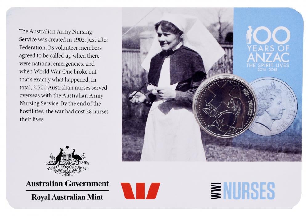Коллекционная монета Австралия 20 центов 2015 UNC Первая мировая война 2014-2018 - Медицинские сестры в блистере (М14319)