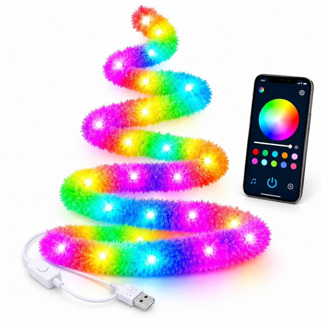 Гирлянда светодиодная пушистая LED 2 м RGB с Bluetooth пультом и управлением с телефона USB (2515)