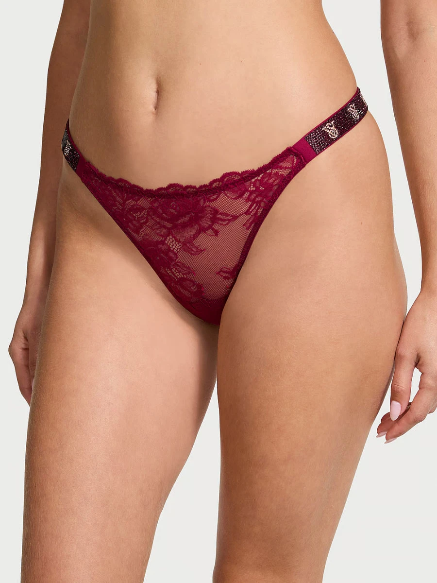 Трусики стринги со стразами Victoria's Secret Very Sexy Shine Strap Rose Lace Thong Panty XS Бордовый.