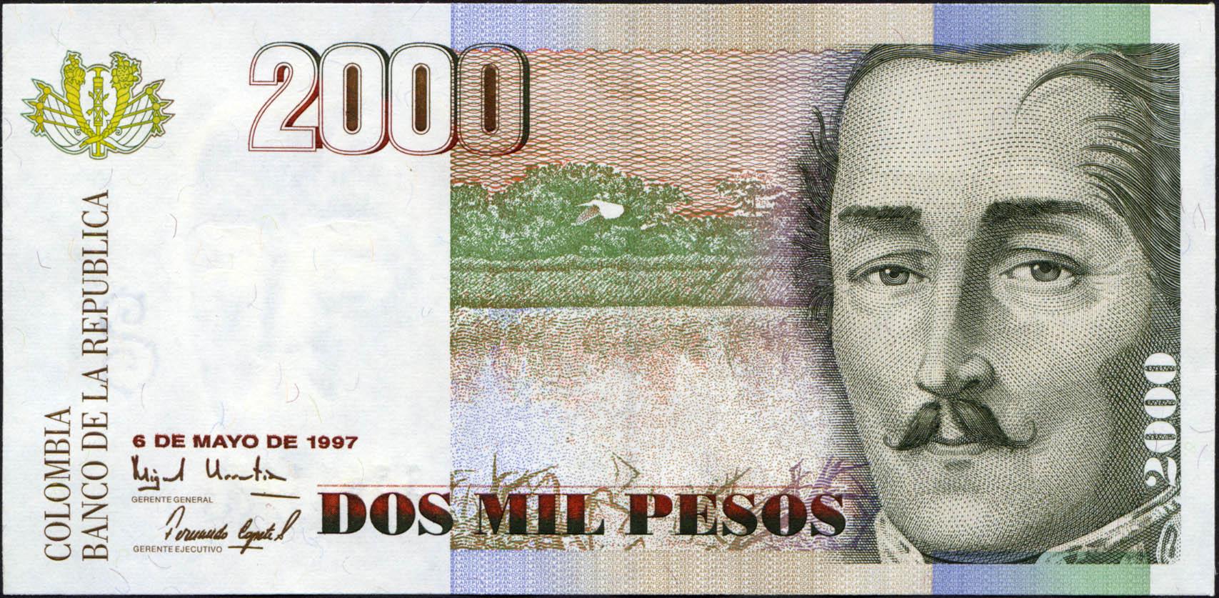 Коллекционная банкнота Колумбия 1997 2000 песо P445b UNC
