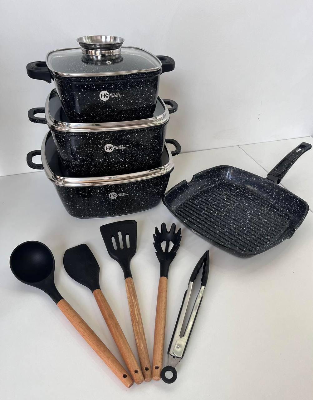 Набір посуду із гранітним антипригарним покриттям Higher Kitchen HK-317 Чорний - фото 2 Набір посуду із гранітним антипригарним покриттям Higher Kitchen HK-317 Чорний - фото 2