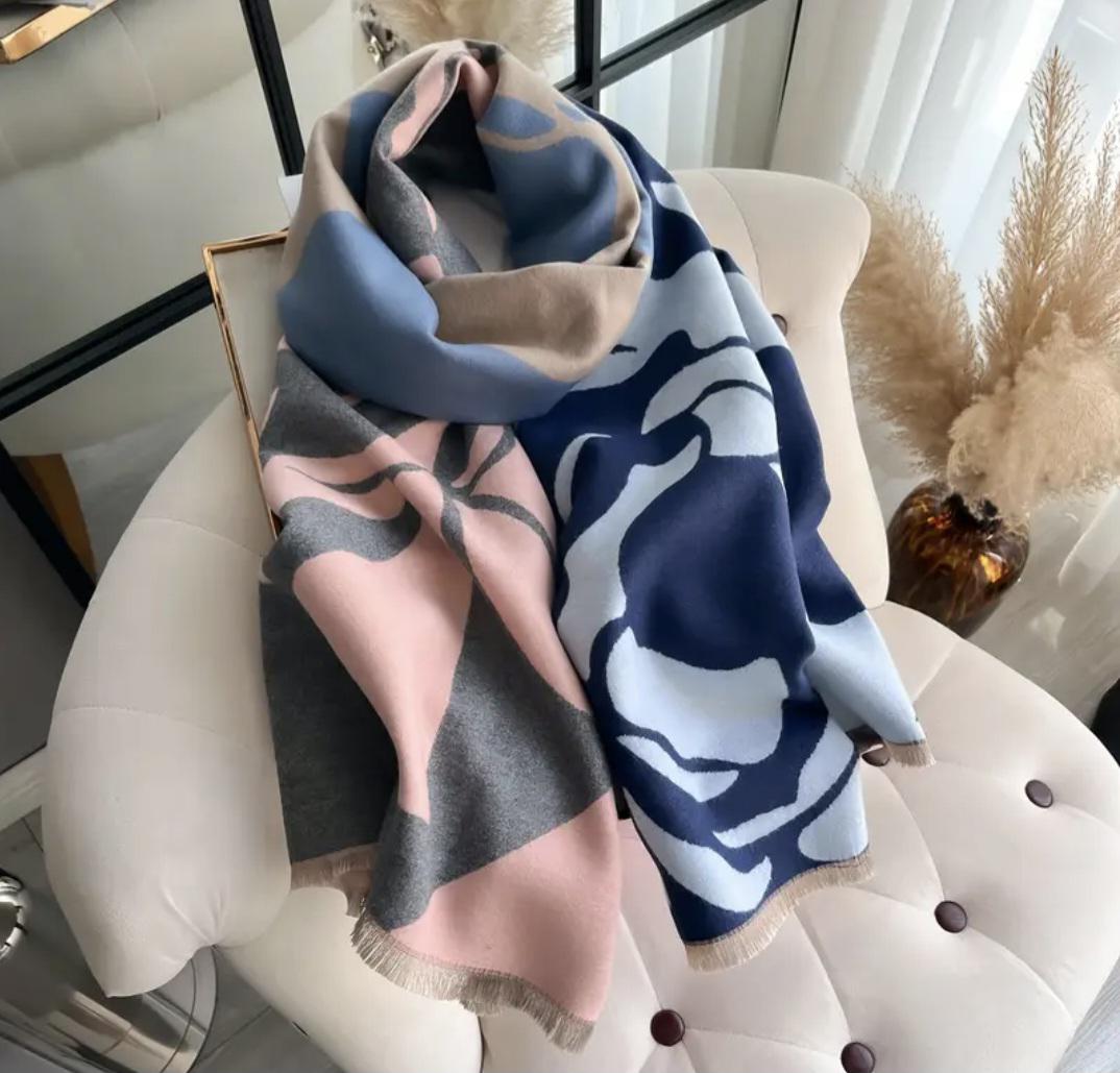 Шарф жіночий двосторонній Троянда Синій (00070)