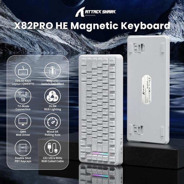 Клавіатура ігрова attack shark X82 PRO бездротова/магнітна/RGB-підсвічування White (28780466) - фото 3 Клавіатура ігрова attack shark X82 PRO бездротова/магнітна/RGB-підсвічування White (28780466) - фото 3