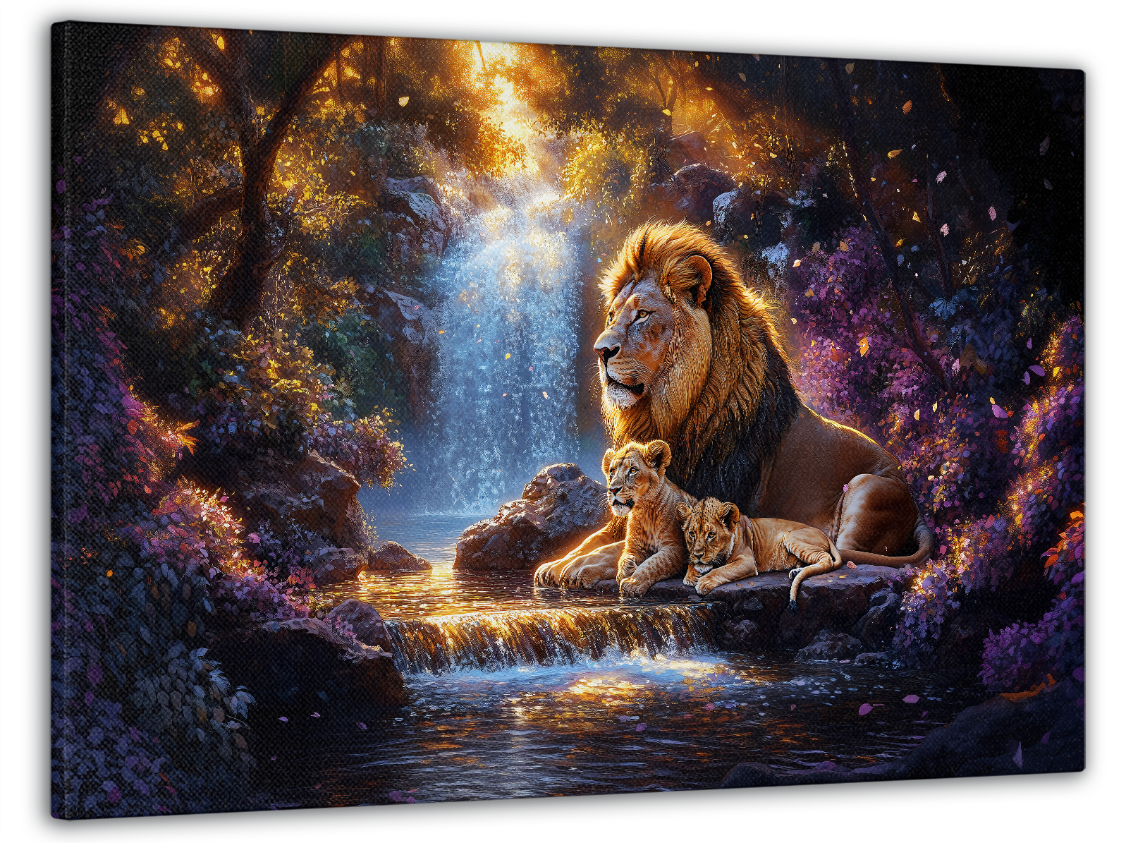 Картина на полотні Mako родина левів на тлі водоспаду 60x100 см (MK10579)