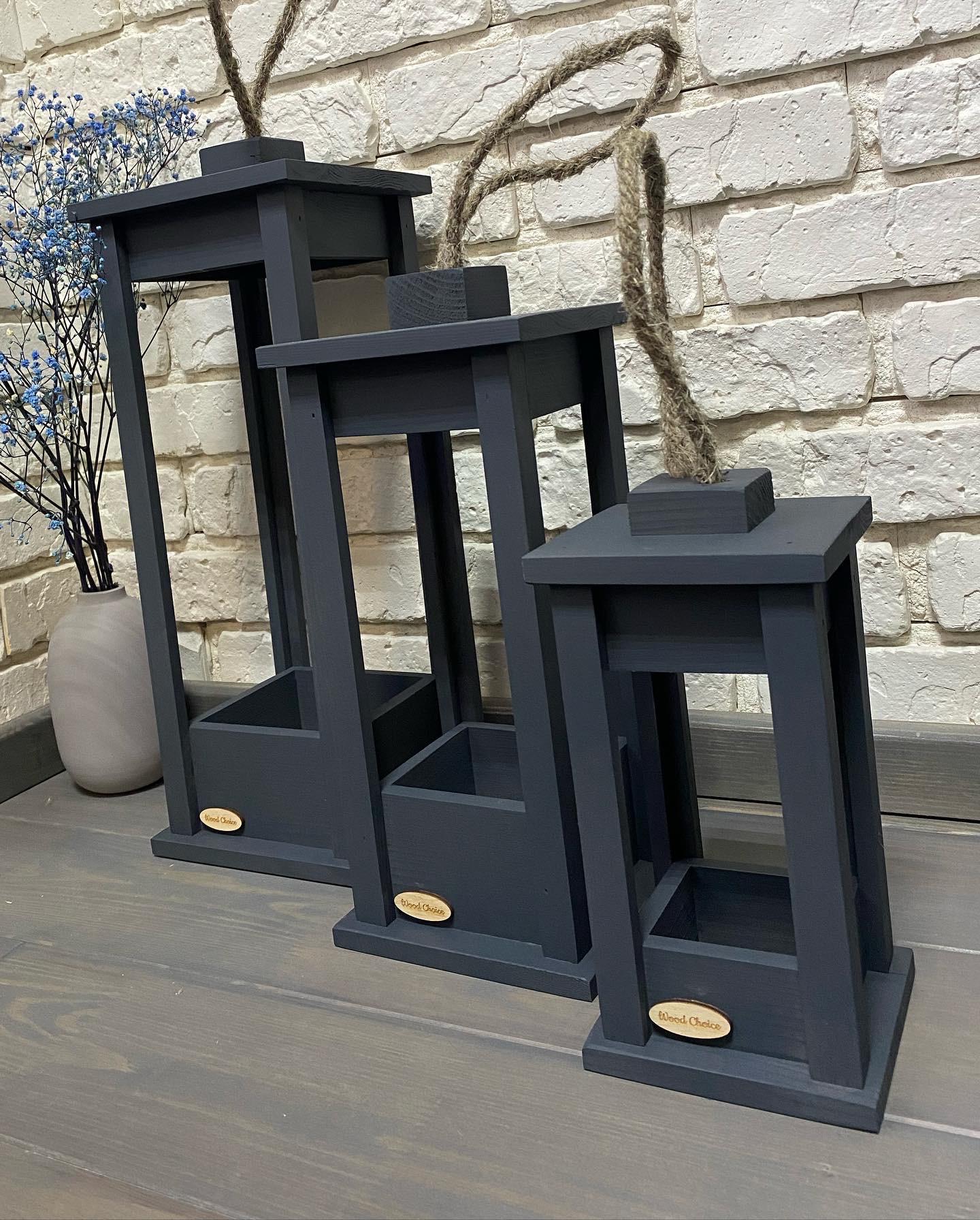 Набор подсвечников деревянные Фонари 25/35/45 см Серый - фото 2