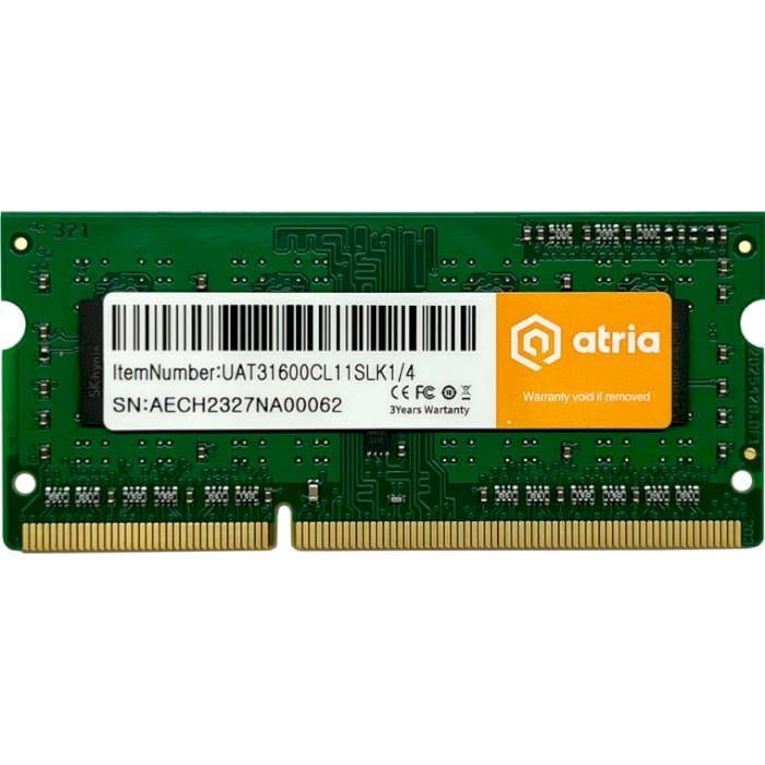 Оперативная память ATRIA SO-DIMM DDR3 4 Гб 1600 МГц Green (UAT31600CL11SLK1/4)