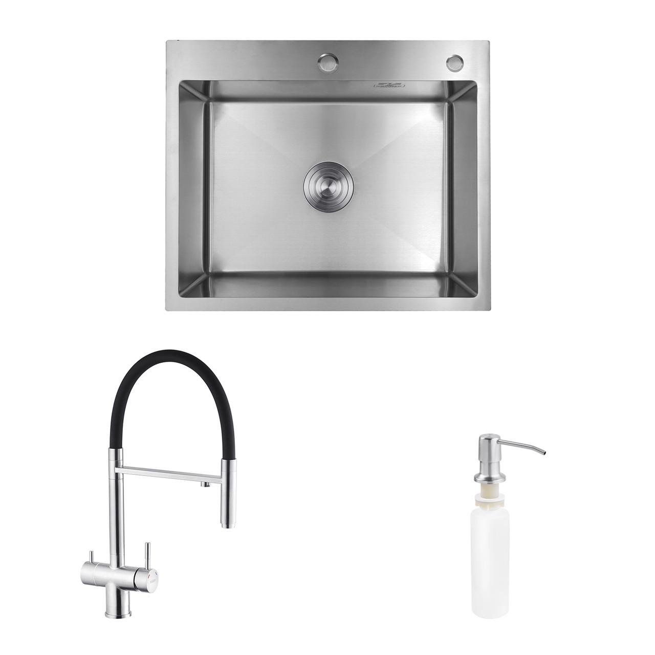 Комплект кухонна мийка Kroner Gebürstet-6050HM/змішувач Klassisch-ESG03815BLK/дозатор Spender-016 (2669564663)
