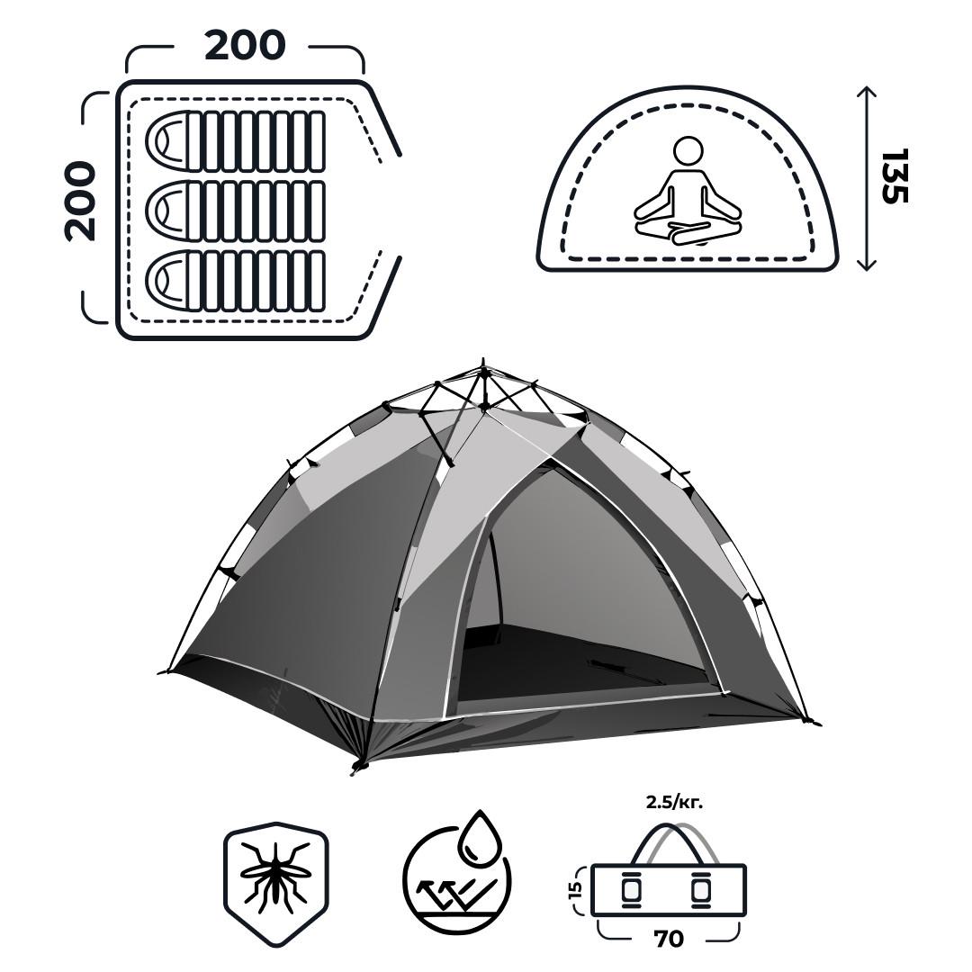 Палатка туристическая двухместная 200х200х135 см Серый (LU002G) - фото 2