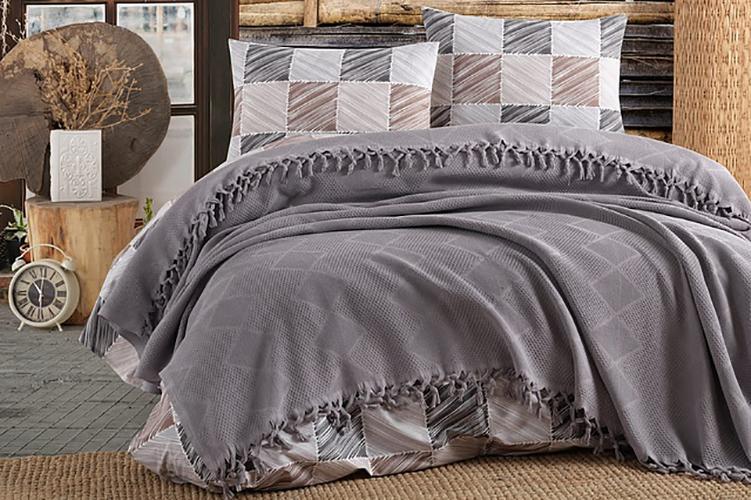 Комплект постільної білизни Saheser Marita Seti Pike з вафельним покривалом євро сатин 562 Сірий (DR012694)