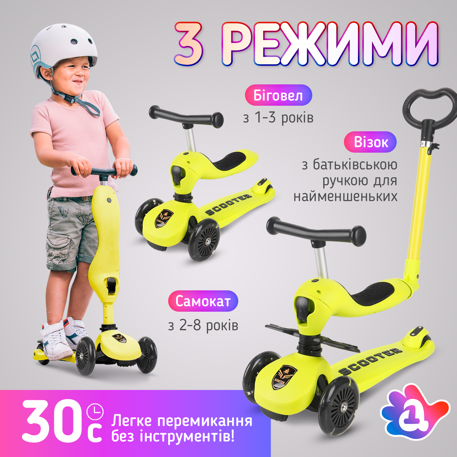 Самокат-трансформер Scooter 3в1 A1 Желтый (ZC-2201Yell) - фото 3