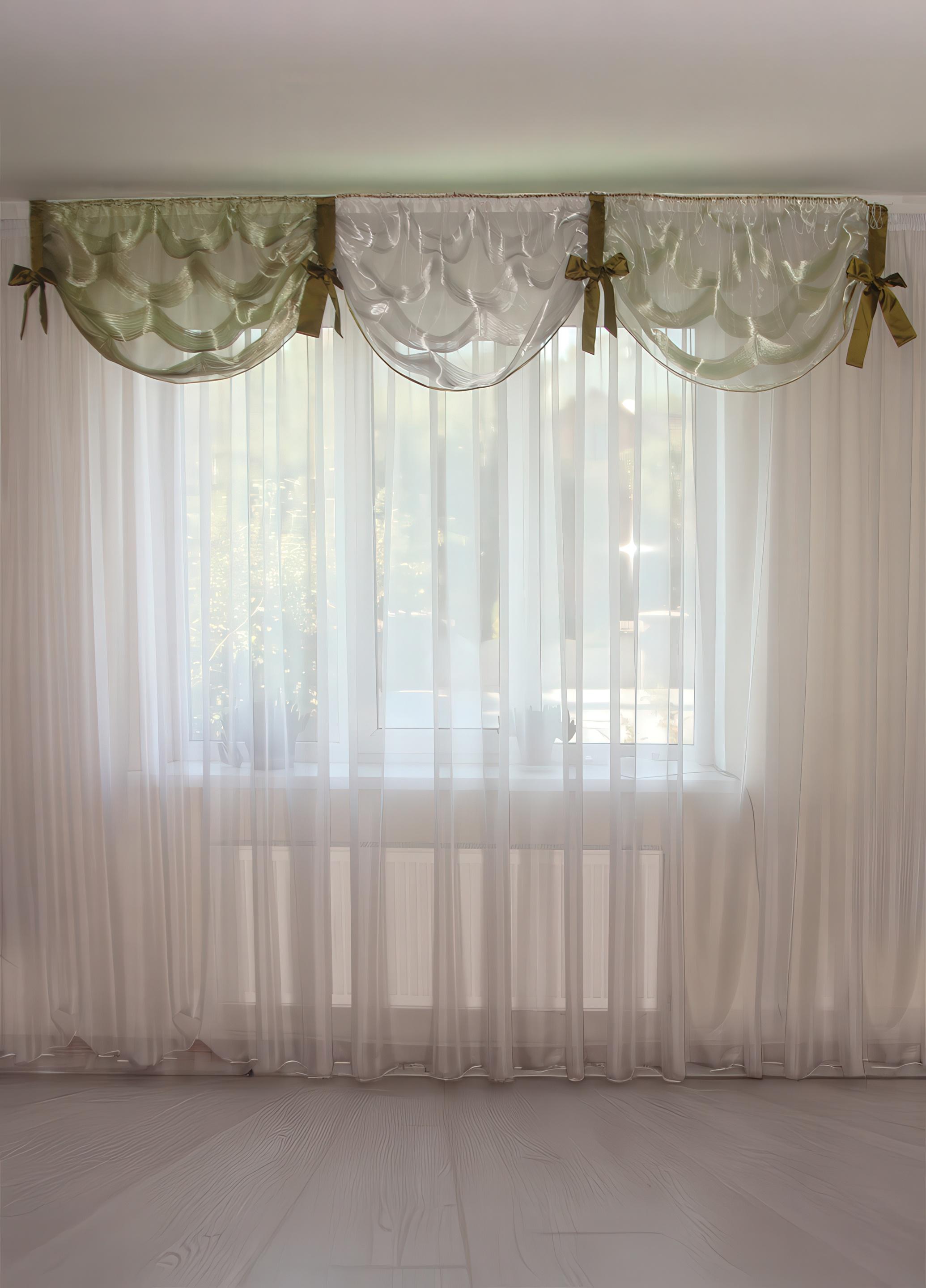 Ламбрекен Firanka Качельки з ниток із бантами карниз 250 см Салатовий із зеленим/Білий (92_2пб)