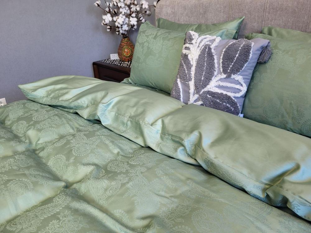 Комплект постільної білизни на резинці Мир сатин жакард Premium сімейний/наволочки 50х70/70х70 см Paisley Green (6143) - фото 2 Комплект постільної білизни на резинці Мир сатин жакард Premium сімейний/наволочки 50х70/70х70 см Paisley Green (6143) - фото 2