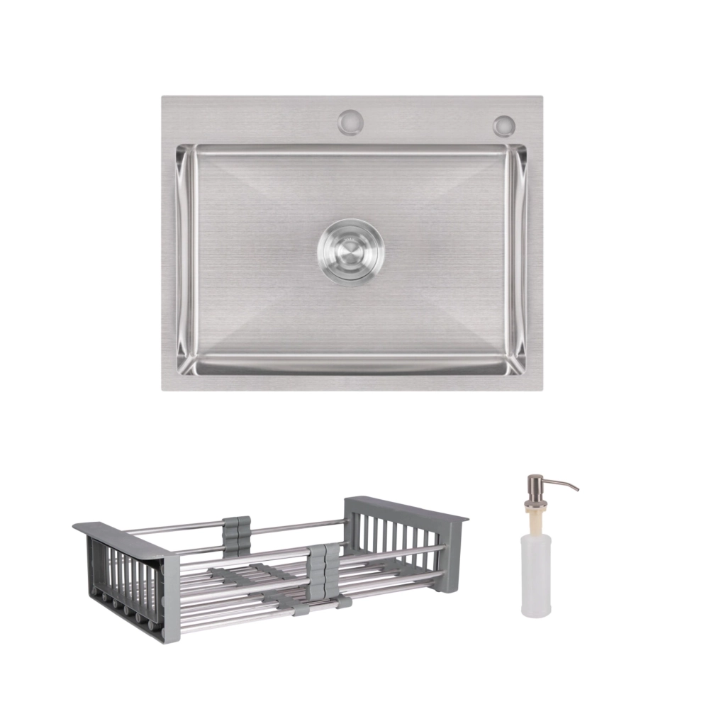 Мойка для кухни интегрированная Lidz Handmade H5845 Brushed/дозатор/корзина для кухонной мойки Lidz K01G