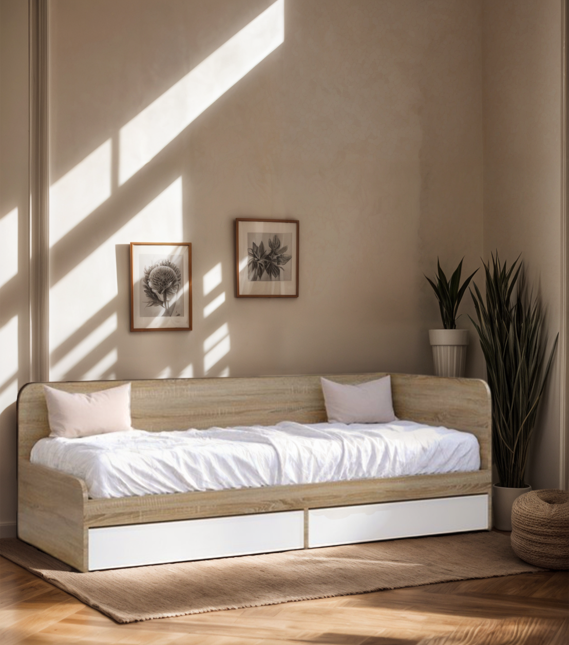 Кровать односпальная Tobi Sho SONATA/800 для детской комнаты с двумя ящиками 800х1900 мм Дуб сонома/Белый Кровать односпальная Tobi Sho SONATA/800 для детской комнаты с двумя ящиками 800х1900 мм Дуб сонома/Белый