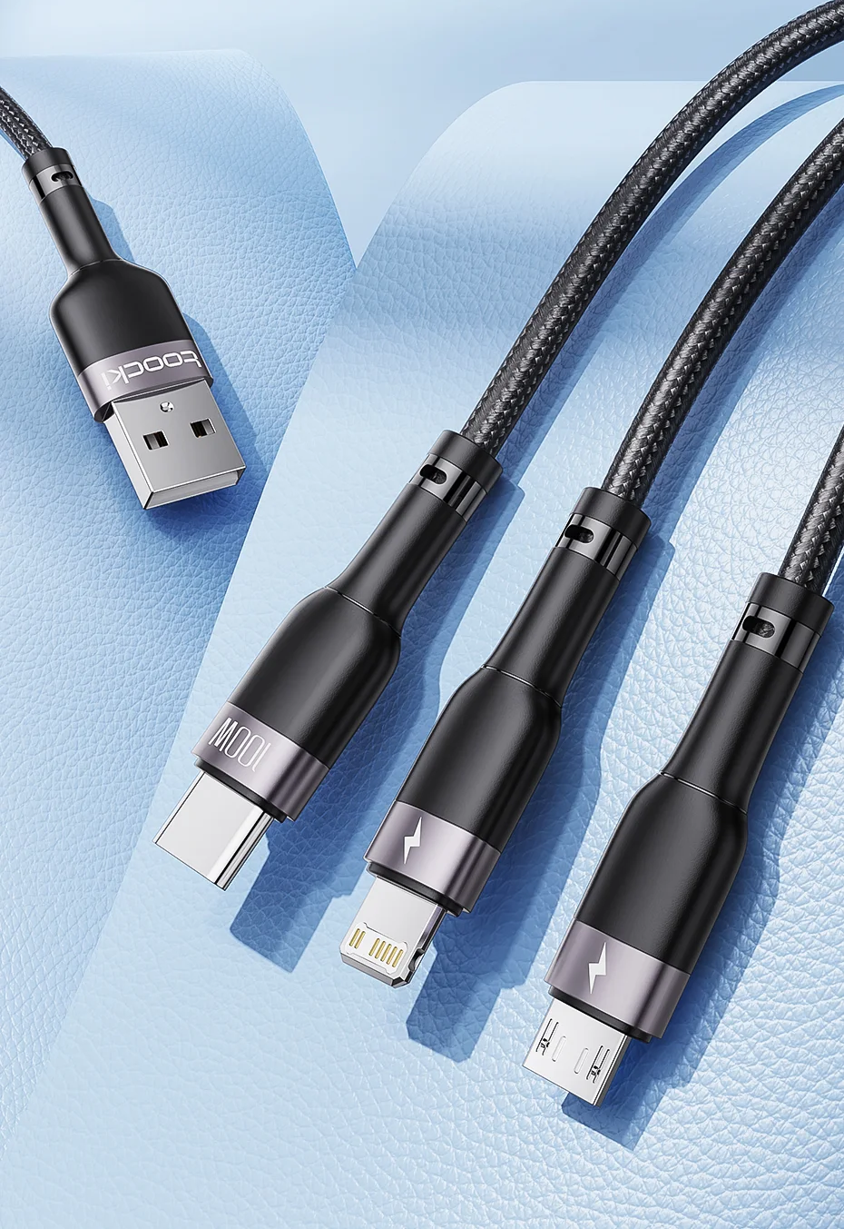 Кабель Toocki 3-в-1 100W/6A USB A-Type C Lighting USB micro 1,2 м Сірий (TQ-X61ACLMGREY100)