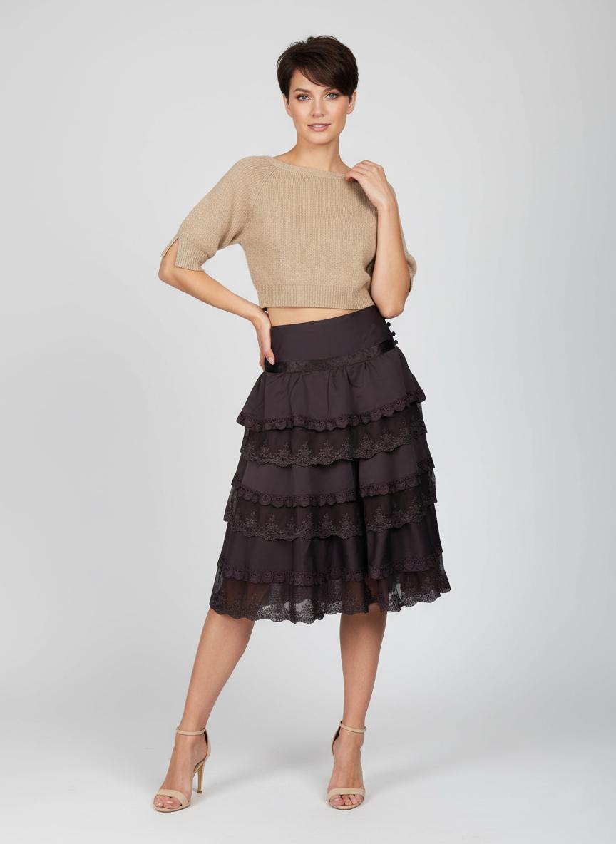 Юбка миди атласная Tianqi&tianqi M-15-1 с кружевом р. 44 Коричневый (17852445) - фото 2